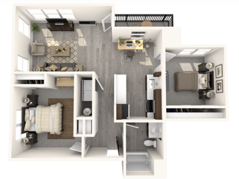 Floor plan for 2 beds, 1 bath, 937 sqft